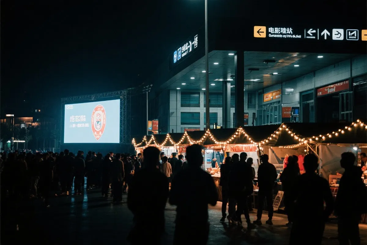 费城球迷广场夜景：大屏观赛人群、步行指示牌与公共交通入口